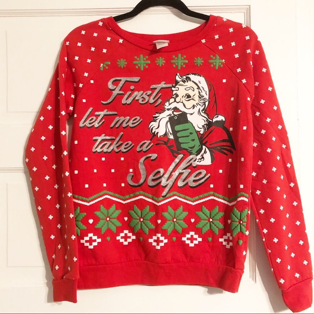 Glittery Selfie Santa Red Sweatshirt - Size Lg
